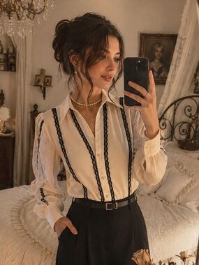 Haver London NWT Ivory Black Lace Pearl Button Victorian Blouse S